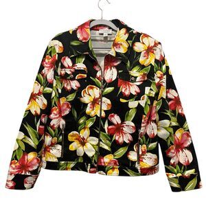 St John Sport Jacket Women Size L Zip Front Tropical Floral Print Old Money Vibe